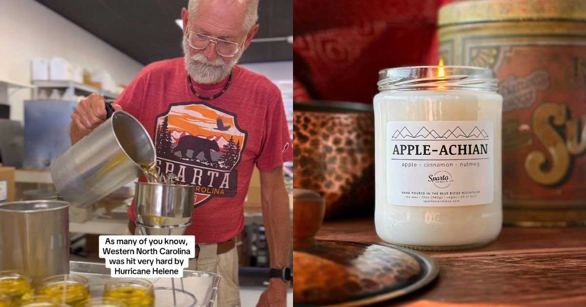 Split photo of a man pouring wax into a candle jar, and a filled candle with a sticker that says "Apple-achian" on it