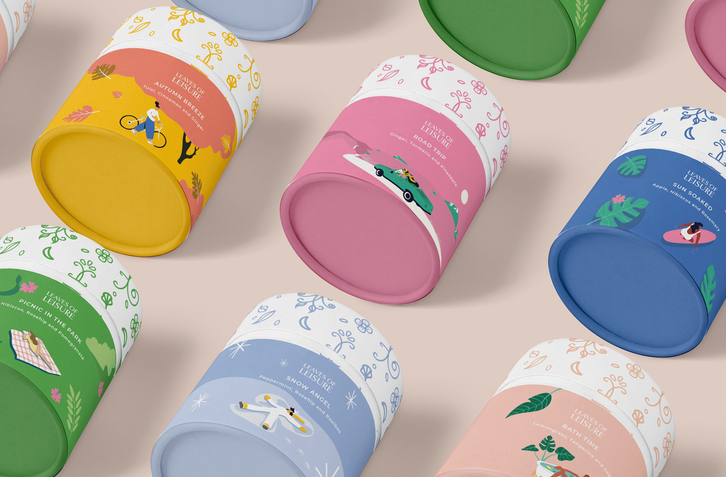 Multi-colored cylinder-shaped boxes of tea in different flavors on an off-white background