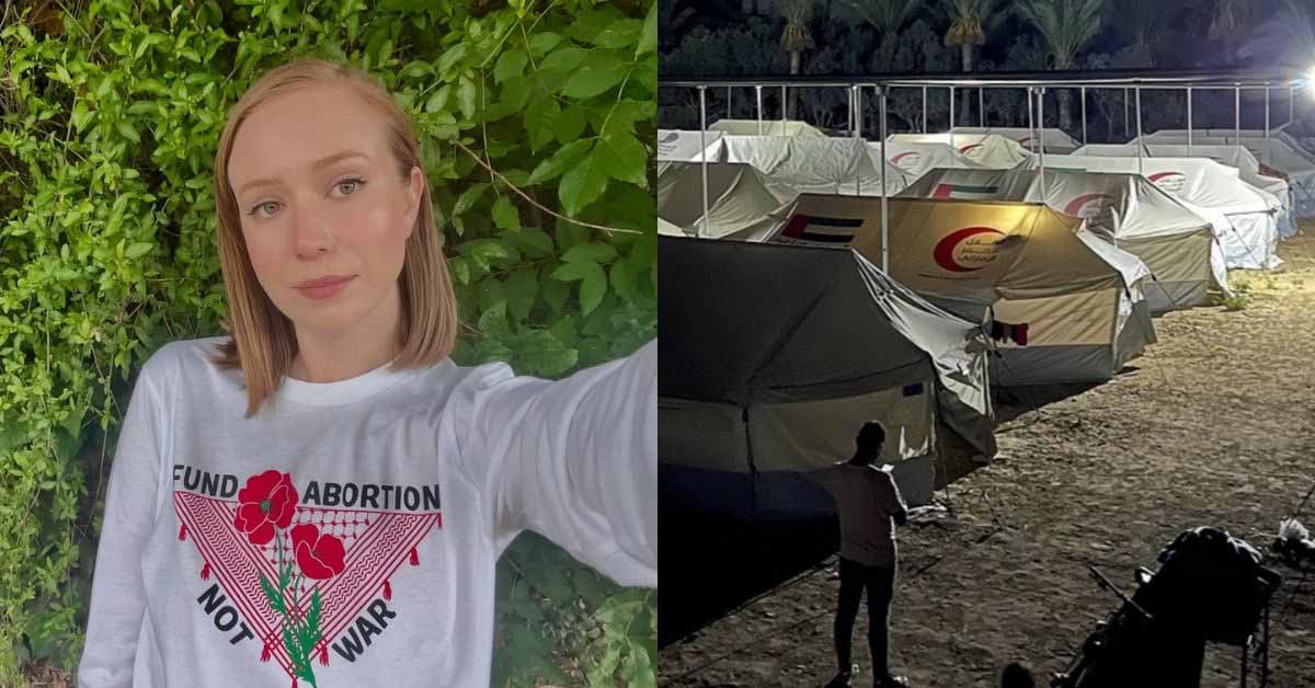 Selfie of Hannah Einbinder and a tent encampment