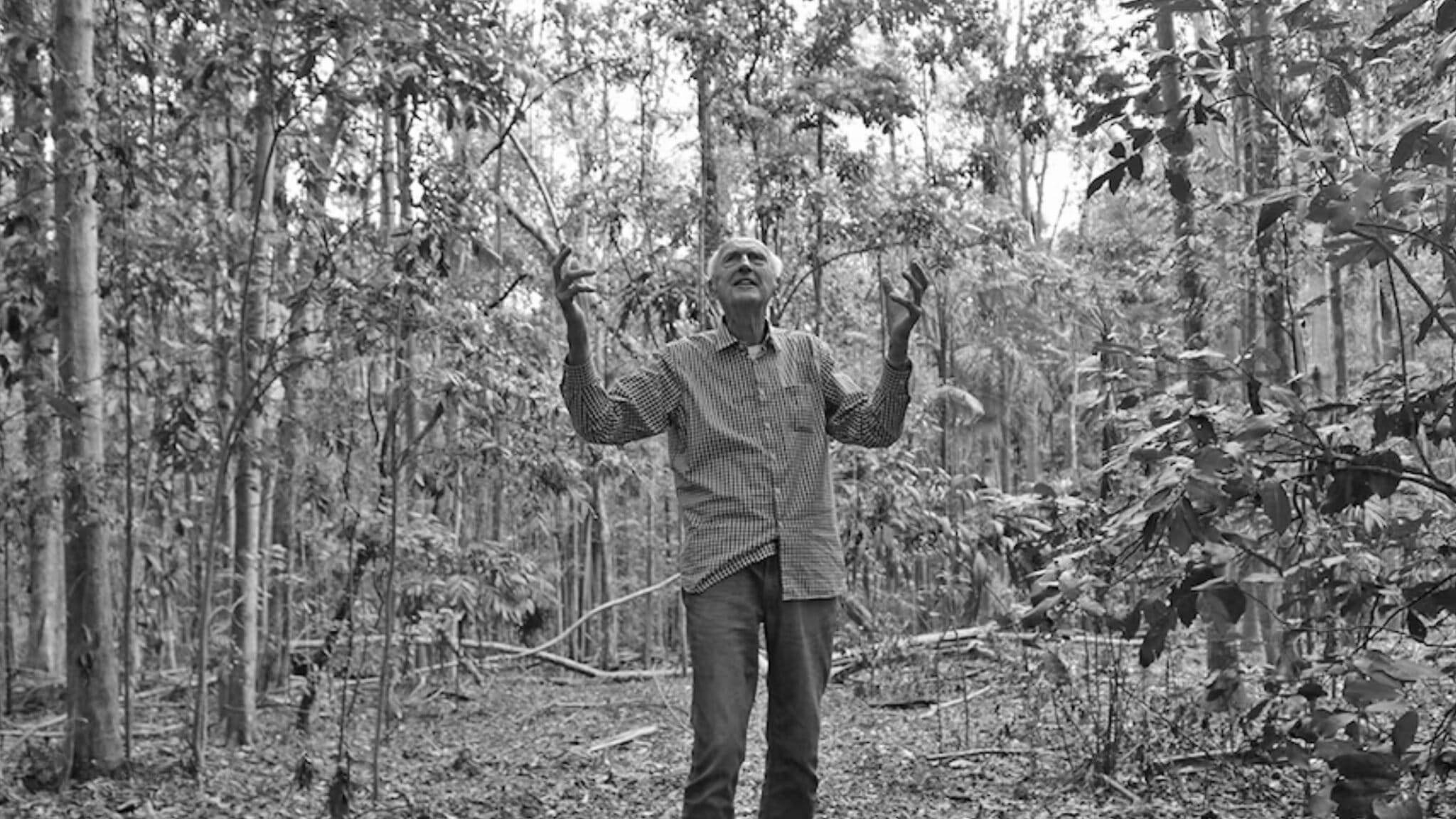 Black and white photo of a man standing in the middle of the forest with his hands in the air