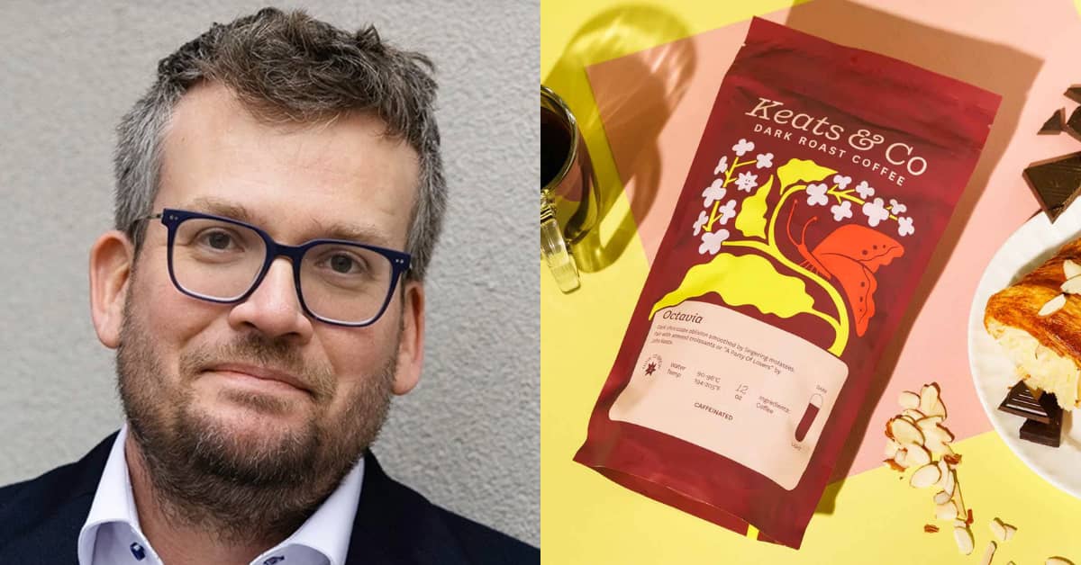 John Green wearing glasses; a bag of Keats & Co coffee