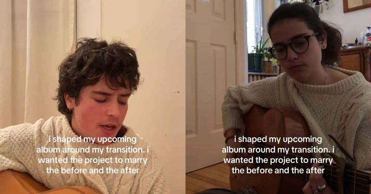 Screenshots of a person with a guitar wiht text that reads "i shaped my upcoming album around my transition. i wanted the project to marry the before and the after"