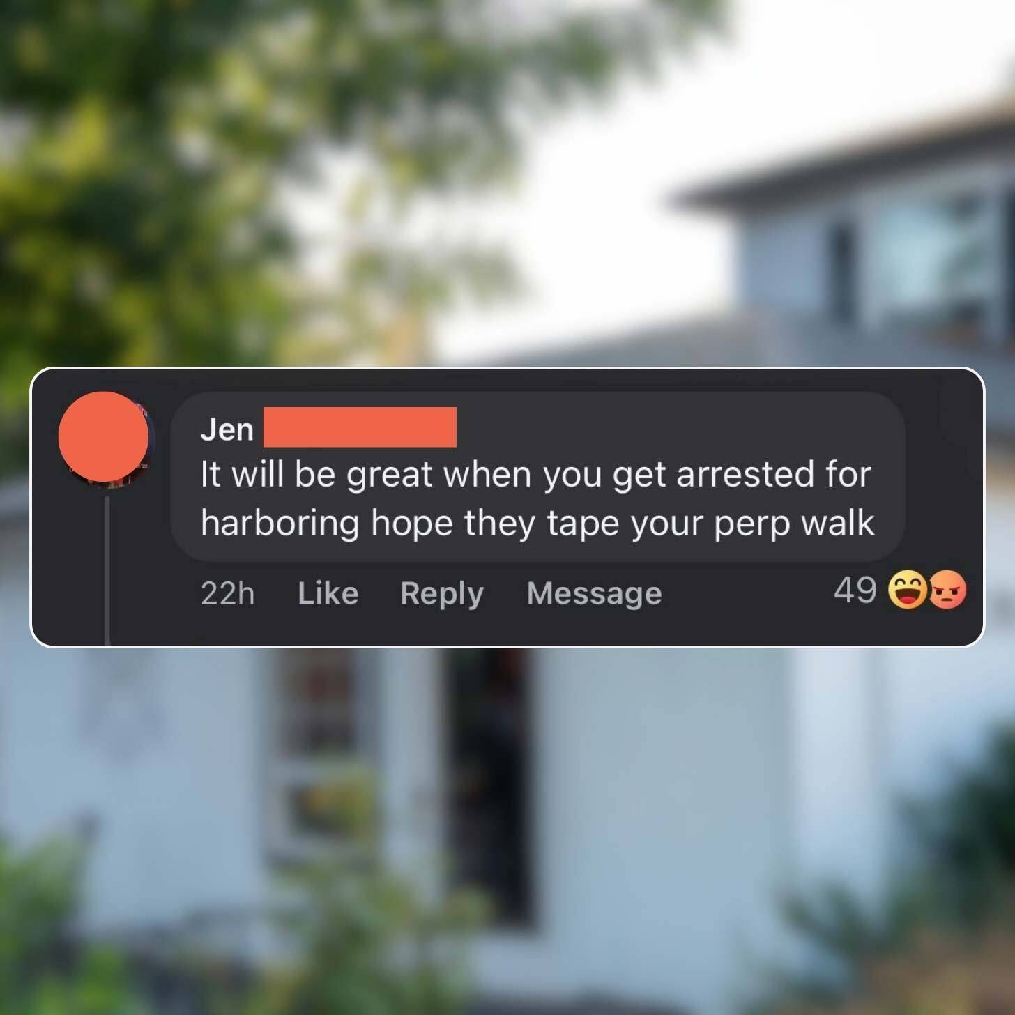 Screenshot of a social media comment, a blurry photo is in the background 