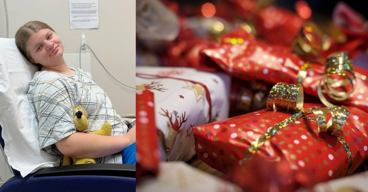 Split photo of a teen girl in a hospital bed, and a close-up photo of presents