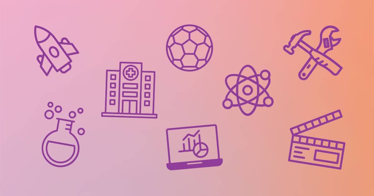 Icons of a space ship, soccer ball, atom, computer, and more