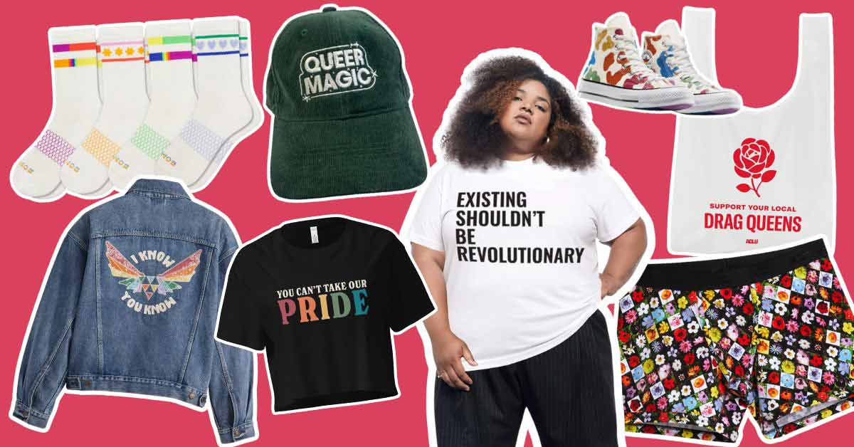 Collage of Pride Month merchandise like hats, socks, shirts, and more