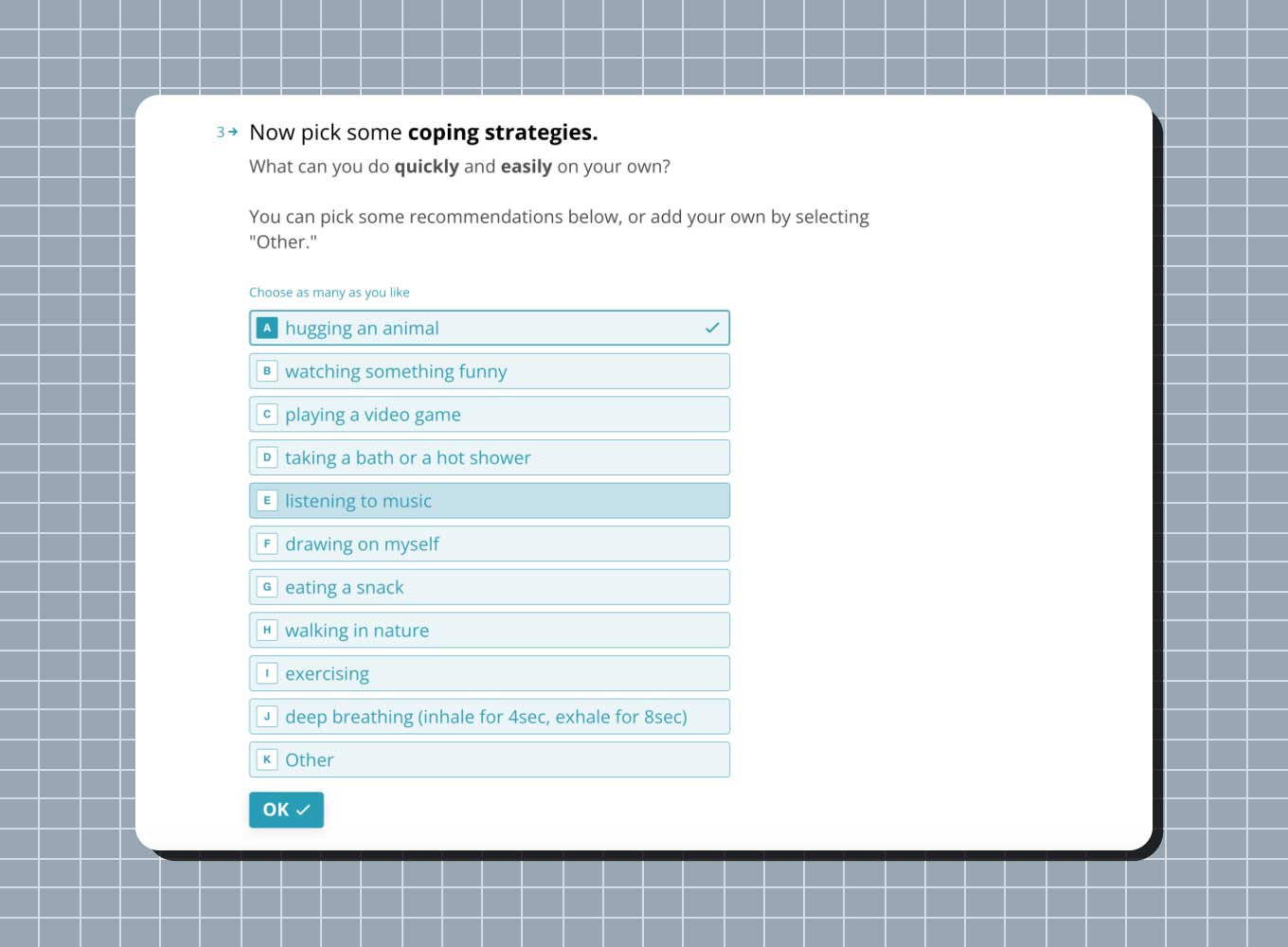 A screenshot with a "coping strategies" list 