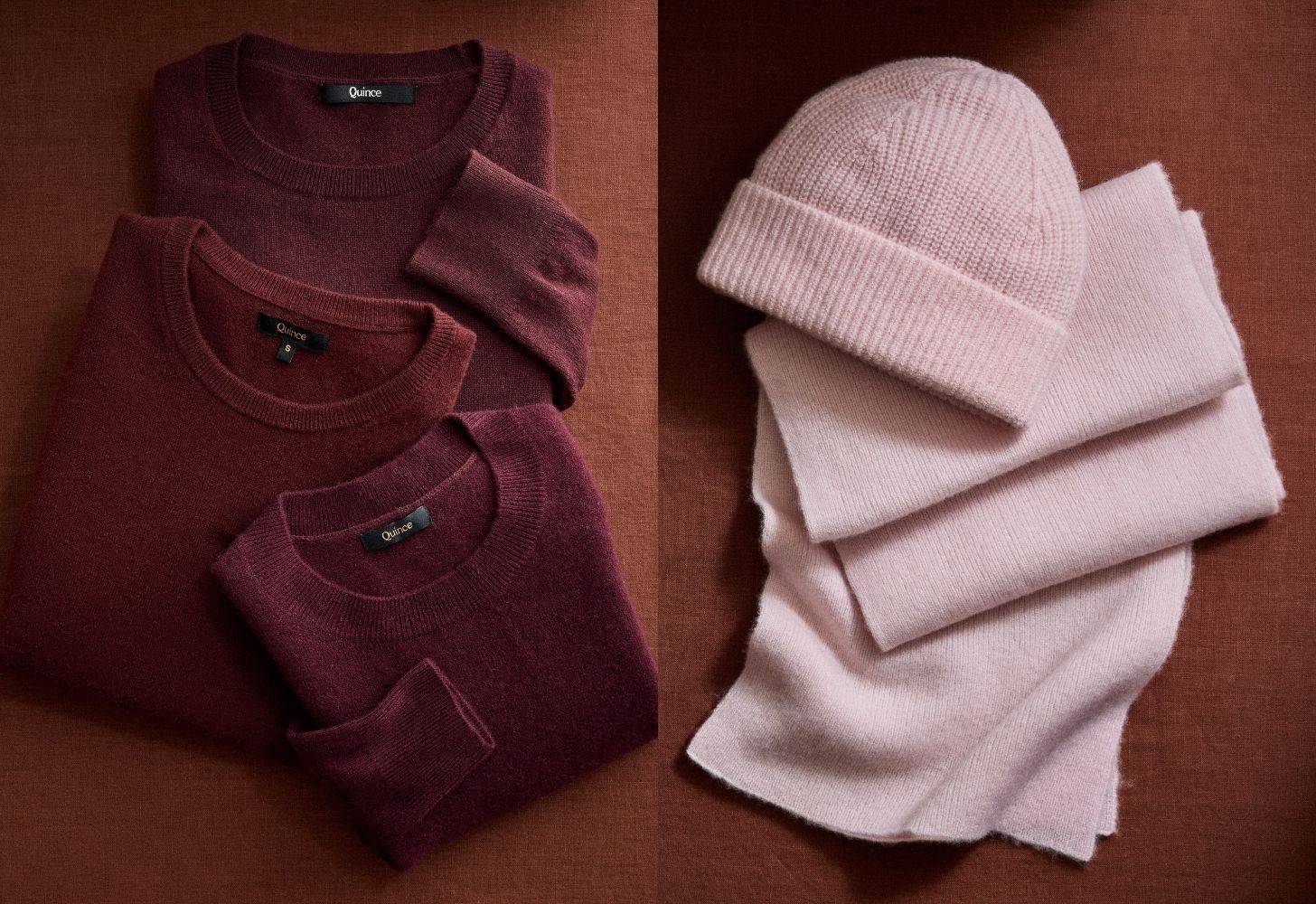 Three maroon sweaters, a light pink beanie and scarf