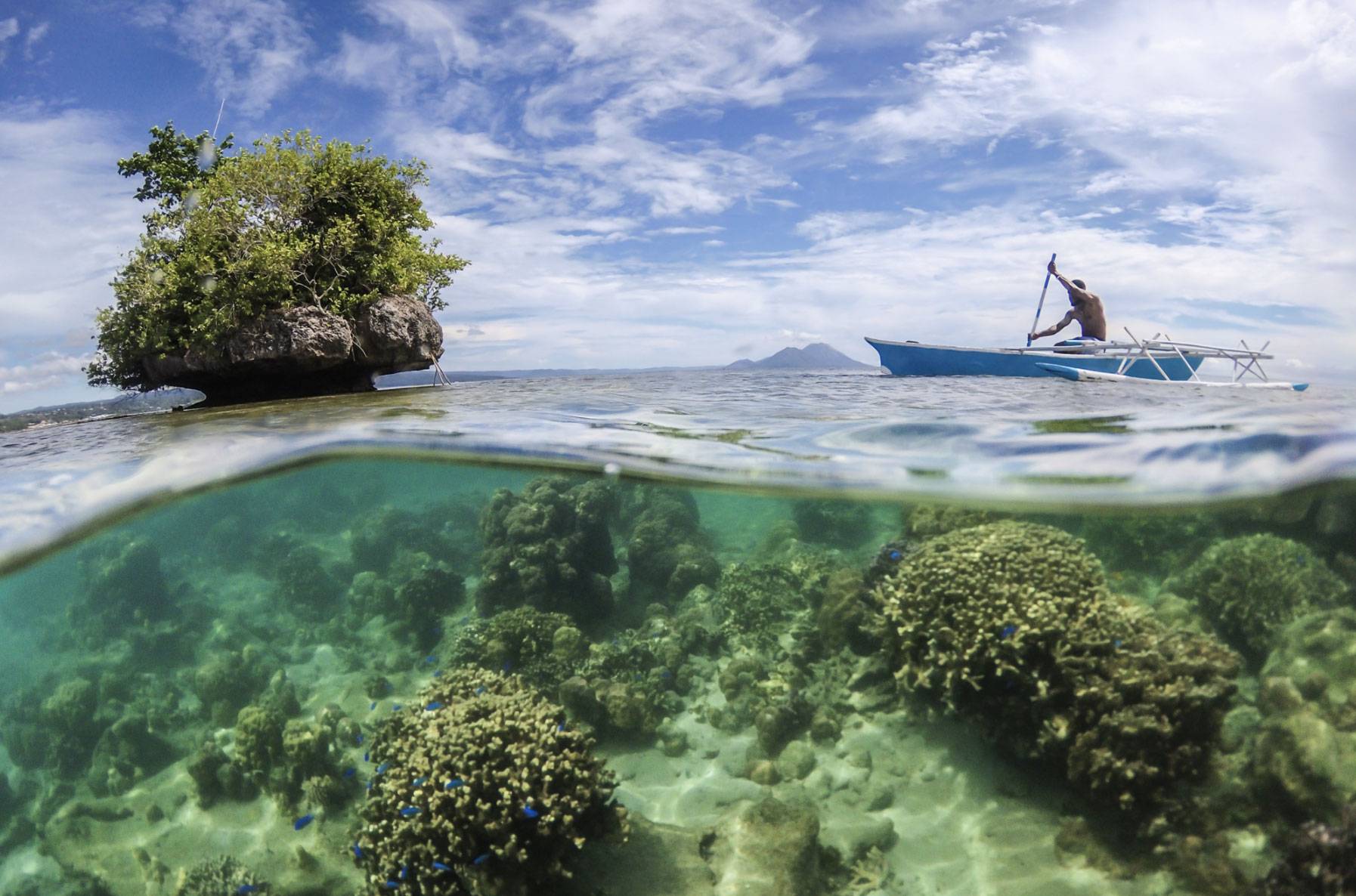 Person in a blue kayak boat with an expansive coral reef seen below the surface of the water