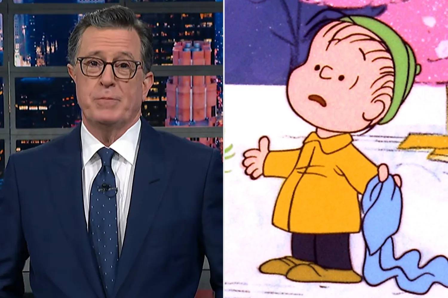 On the left: former The Late Show host Stephen Colbert stands mid-monologue in a direct address to the camera. On the right: Linus from the "Peanuts" stands in a snowy scene. 