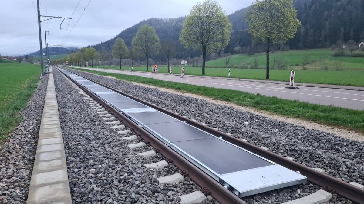 Solar panels situated between railroad tracks
