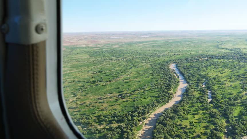 An aerial photo of a lush green landscape with a river running through it taken from the window of and airplane