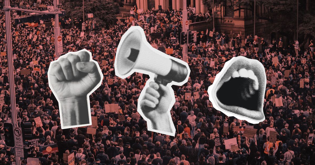 A protest crowd with cutout images of a fist, megaphone, and mouth overlaid