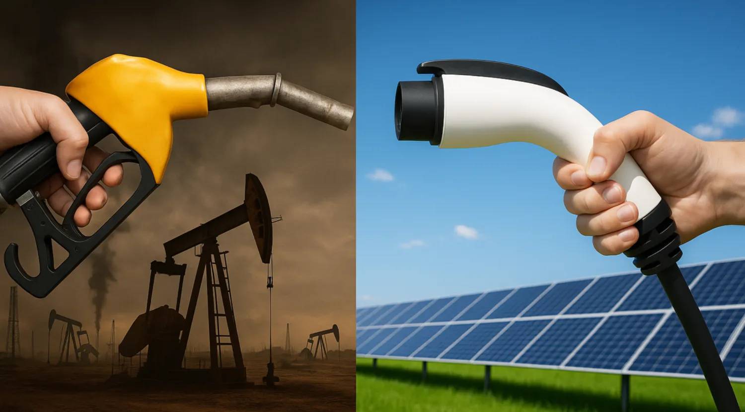 Left: Hand holding yellow fuel pump nozzle with oil derricks in dusty background. Right: Hand holding white electric vehicle charging connector with solar panels and green grass in background.