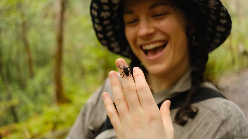 A person wearing a hat, smiling as a black beetle-like bug crawls on their hand