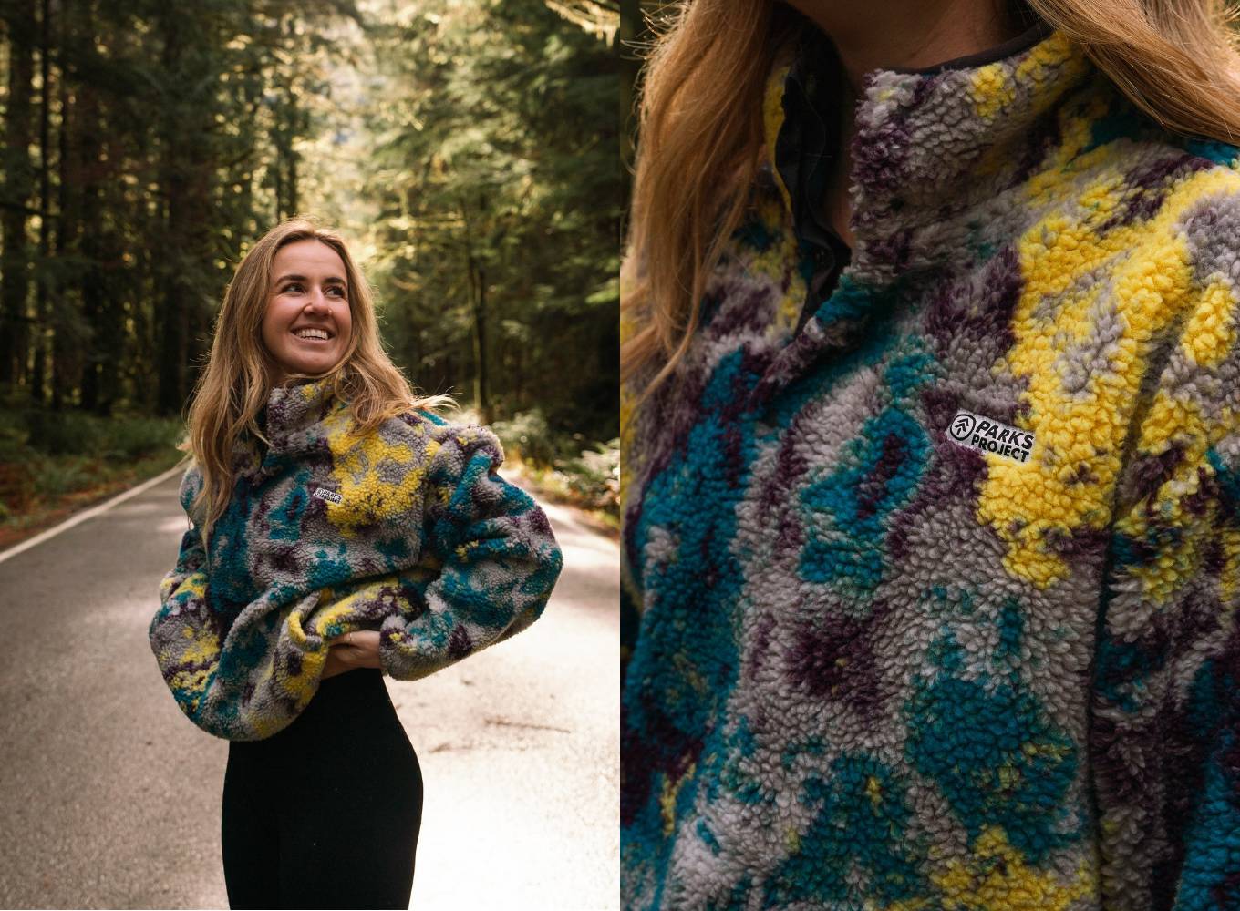 A person wearing a fuzzy, colorful pullover