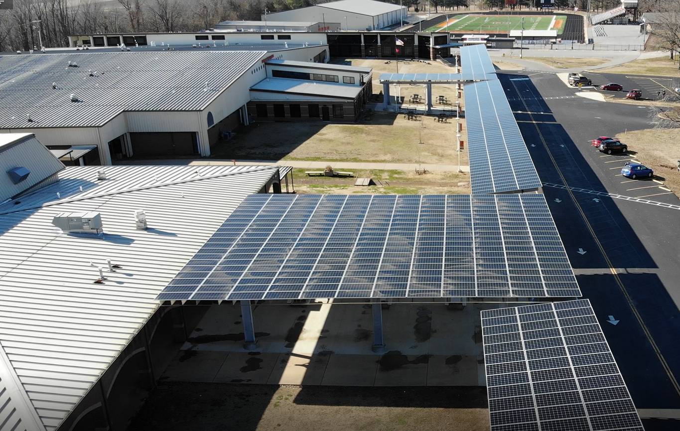Solar panels on top of a school's entrance