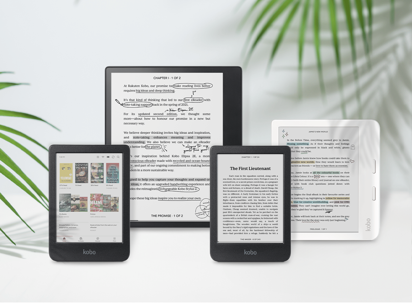 Various Kobo eReaders on a white background with green palm branches around the edges