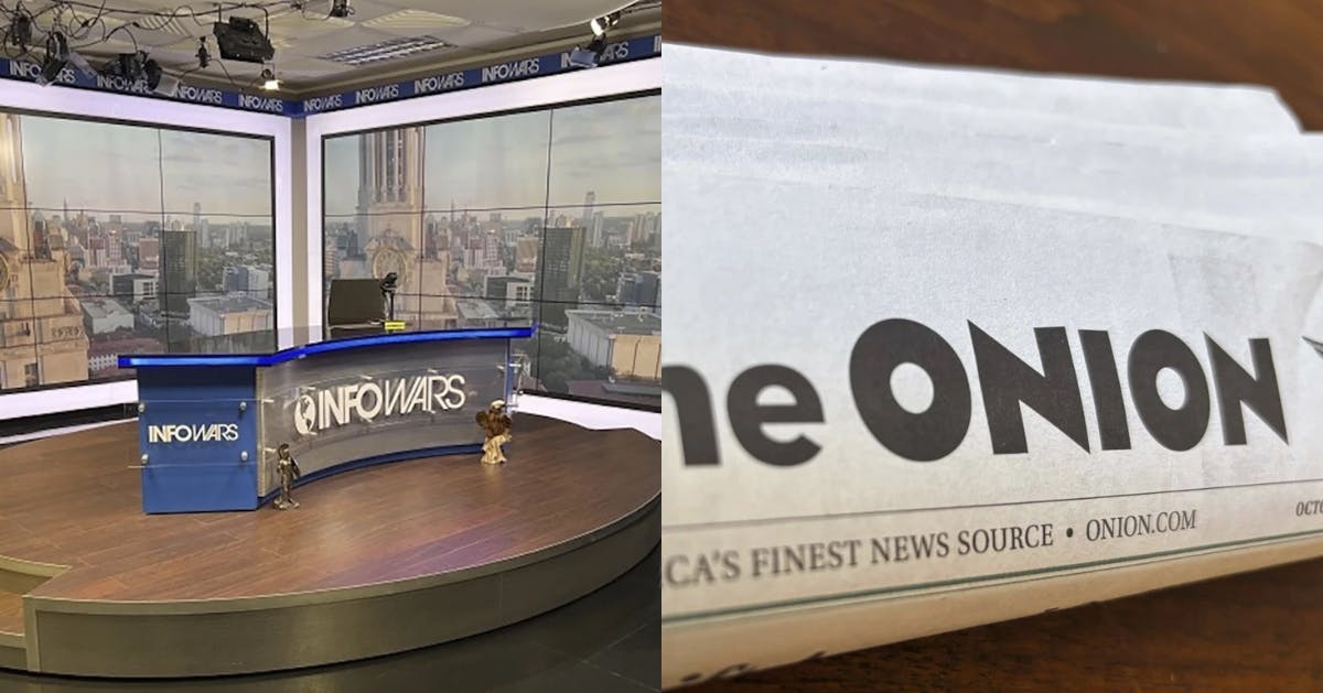 A split photo with the Infowars news desk set on the left, and a close-up photo of The Onion newspaper on the right