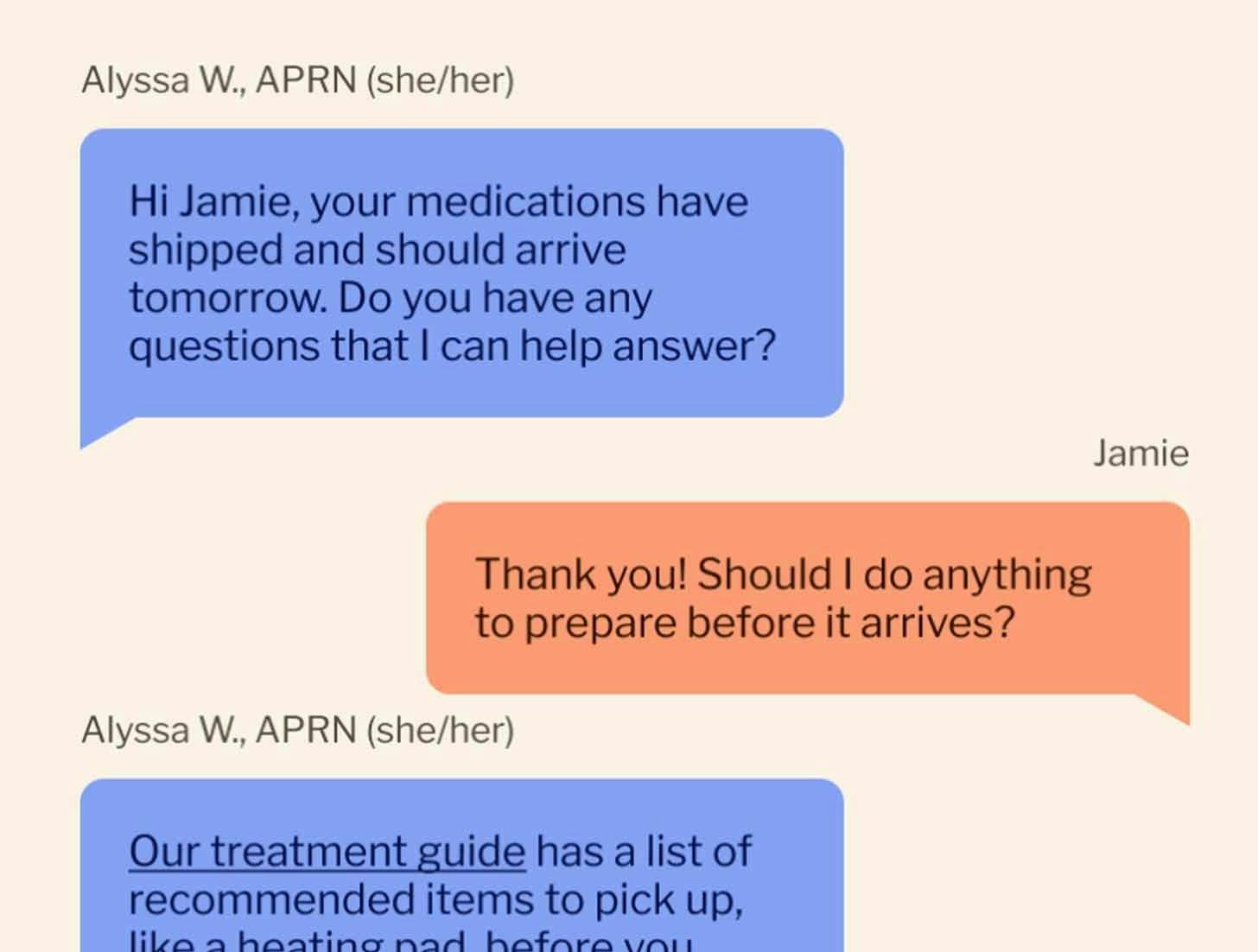 A chat window with blue and orange bubbles depicting a conversation with a nurse and patient