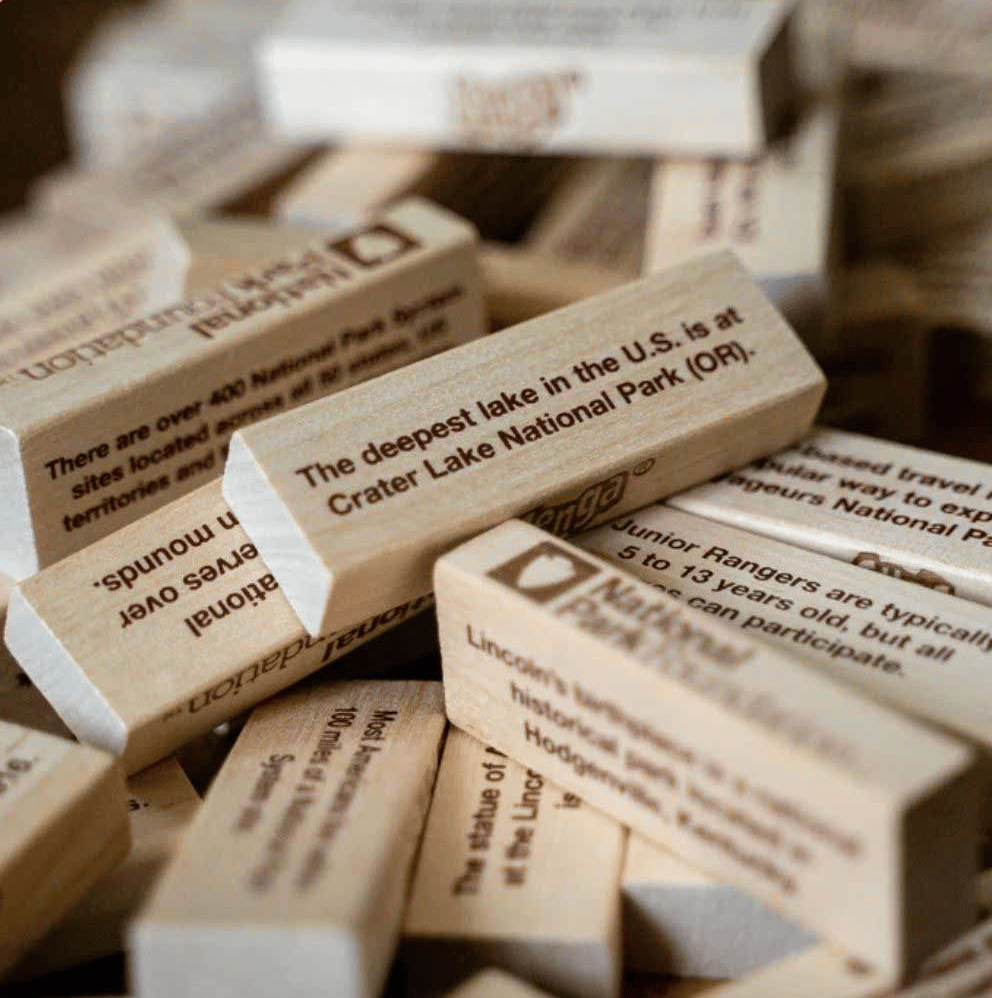 Jenga blocks with phrases about national parks on them