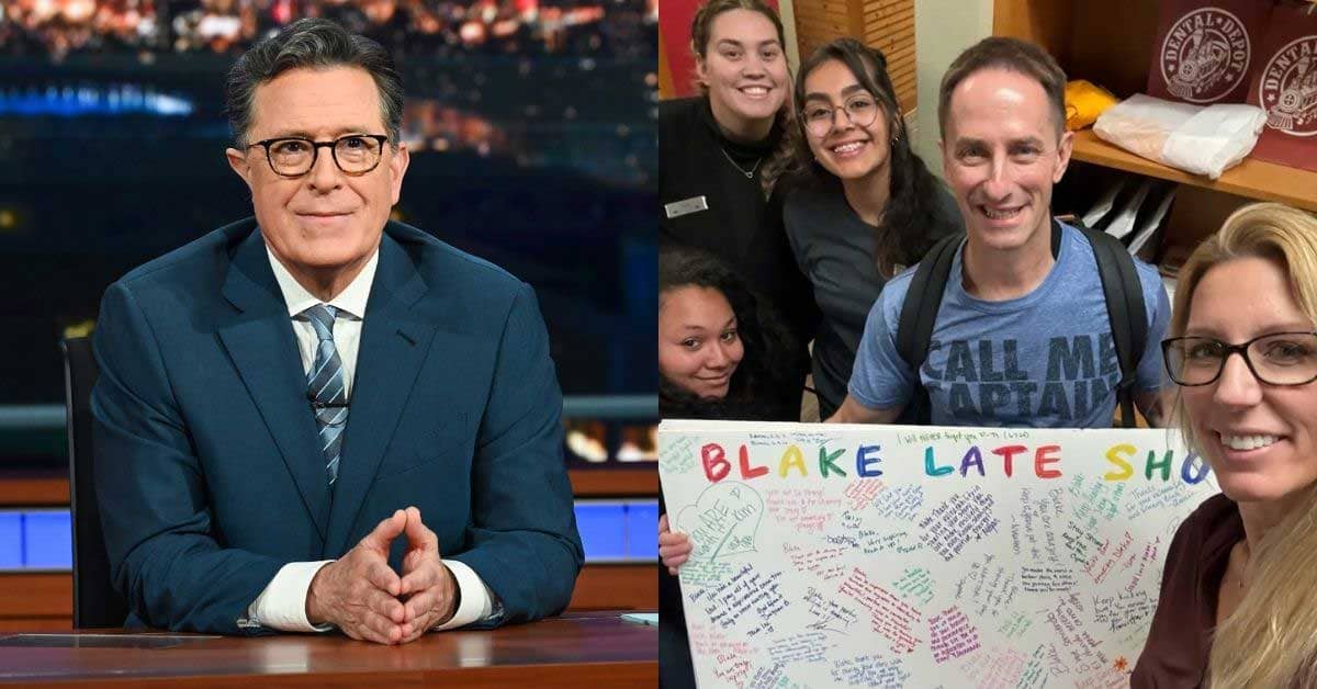 Split photo: Colbert at his Late Show desk set; Black with four others and a signed posterboard