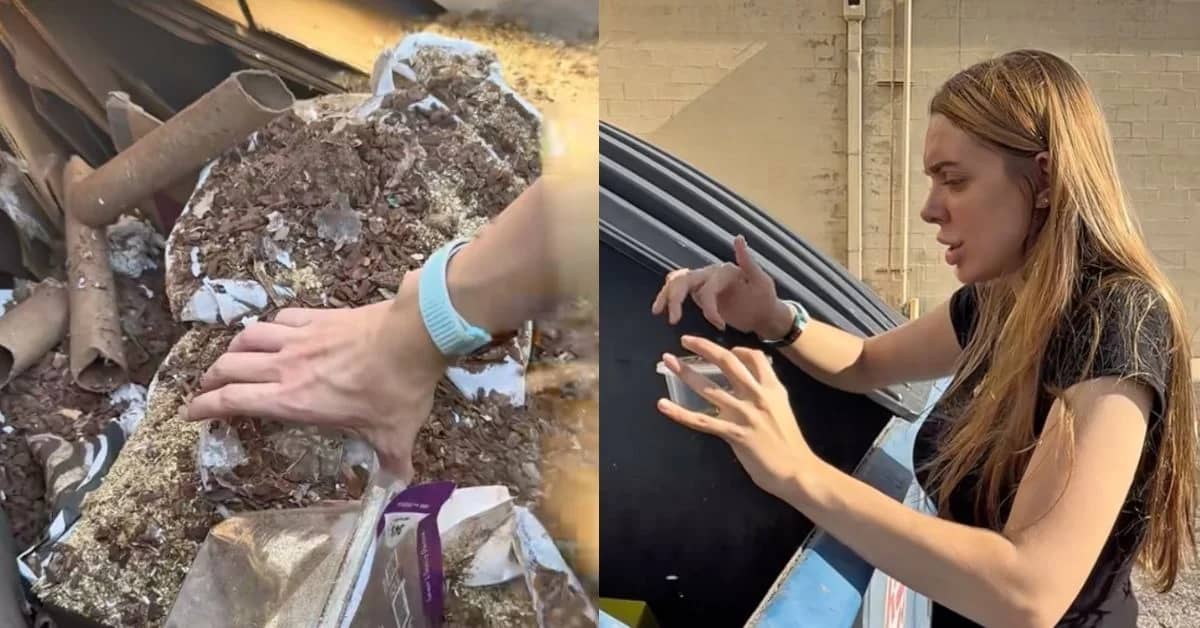 Split image of a hand reaching into a dumpster, and a person holding a clear container in front of the dumpster
