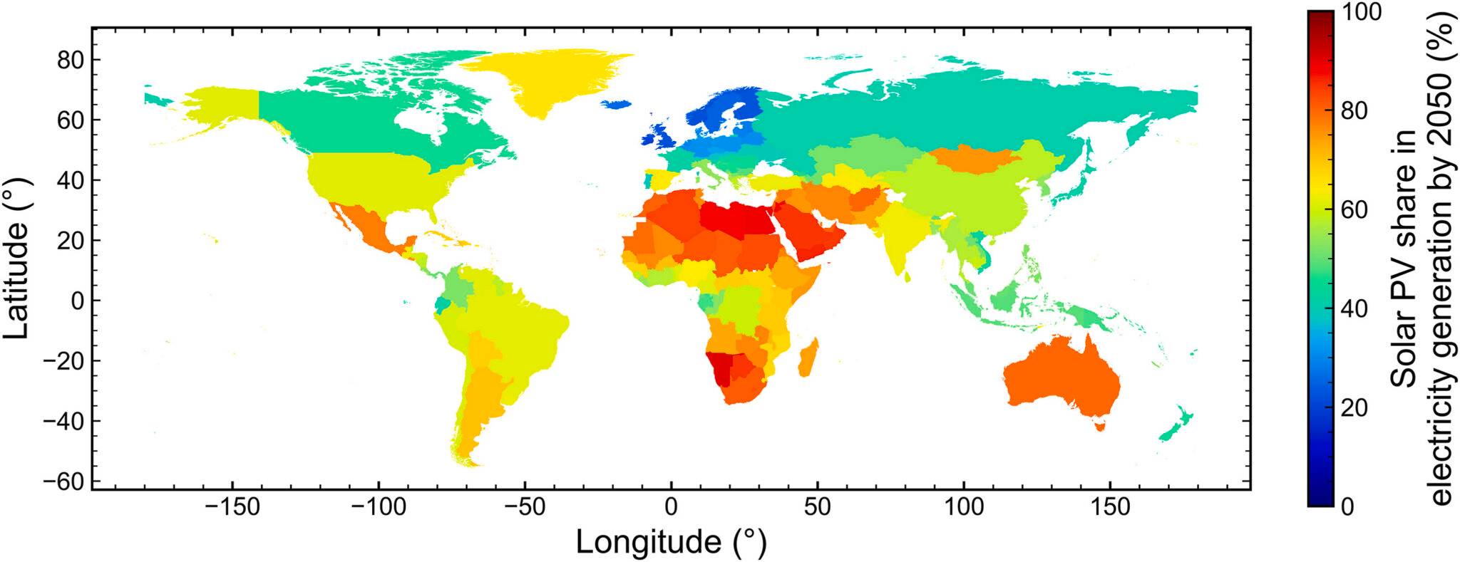 World map showing solar photovoltaic electricity generation by 2050 as a percentage, with colors ranging from dark blue (0%) in parts of northern Europe and Russia to dark red (100%) in the Middle East and North Africa, and yellow-green (60%) across much of North America, South America, and Australia.