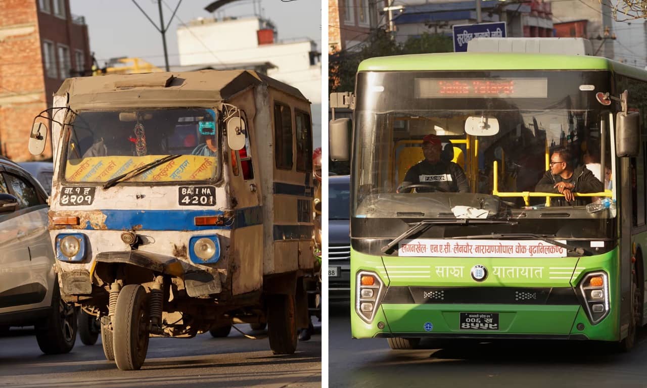 Split photo of an old tuktuk vehicle and an electric city bus
