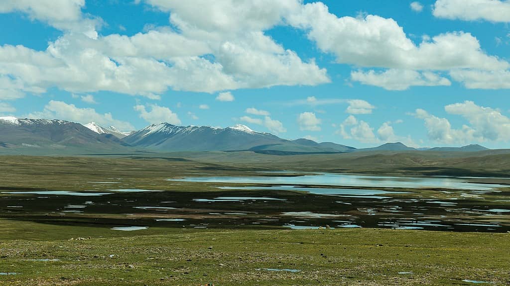 Snow-capped mountains rise above a wide valley with green grassland, scattered water pools, and darker patches of terrain under a partly cloudy blue sky.