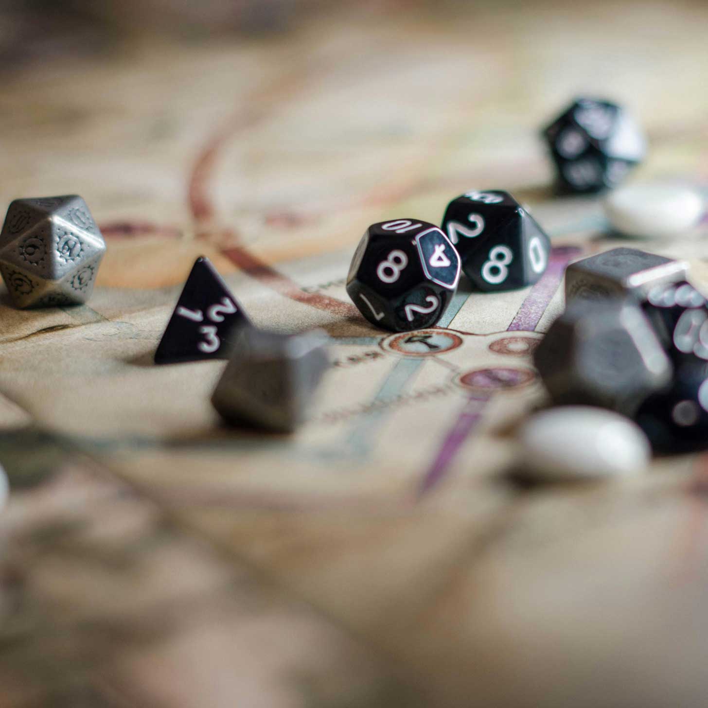 D&D dice on a game board