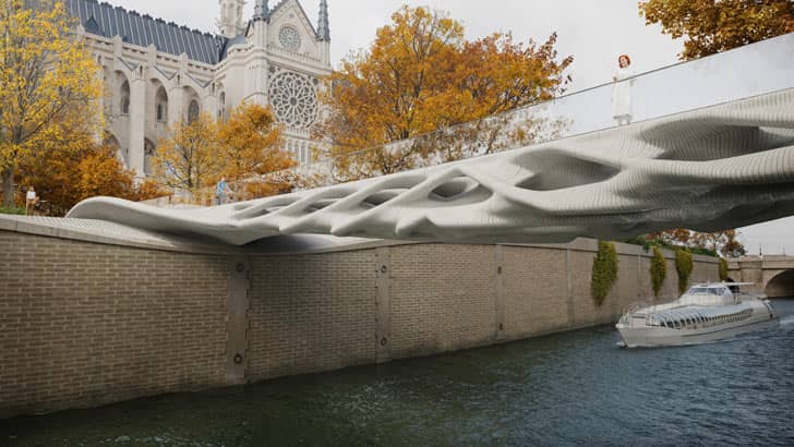 Rendering of a 3D printed bridge with a white bottom structure and glass upper walls