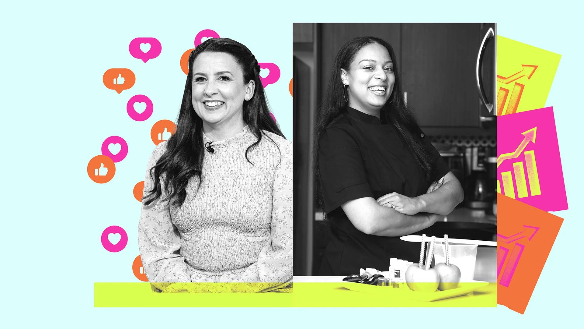 Two women smiling at the camera in separate black and white photos. Left image shows a woman in a light-colored ribbed sweater against a light blue background with social media icons (hearts and thumbs up). Right image shows a woman in a black shirt in what appears to be a kitchen or workspace, with colorful graphic elements displaying upward-trending charts on the right side.