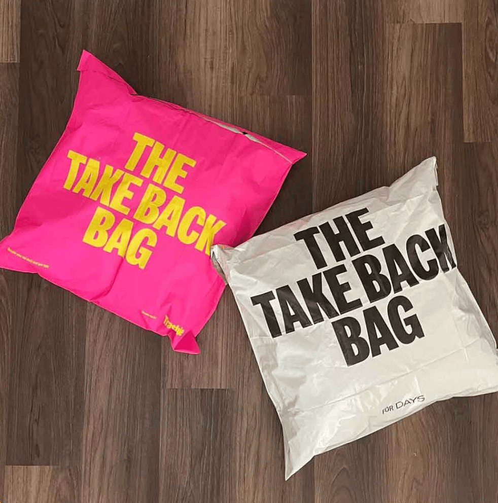 Packages that say "take back bag" in large letters