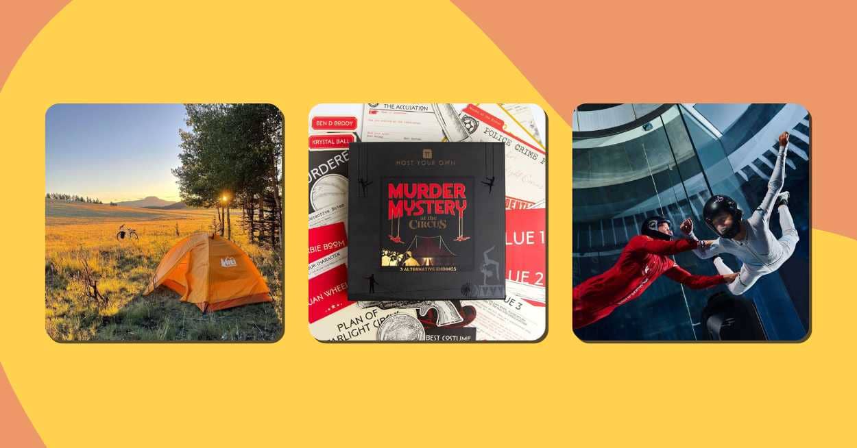 Three images picturing a tent in nature, a murder mystery game box, and people doing indoor skydiving
