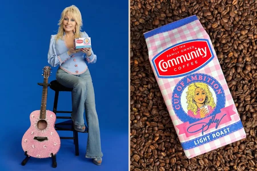 Left: Dolly Parton holding a coffee package, seated on a stool next to a pink guitar against a blue background. Right: Community Coffee brand light roast package with "Cup of Ambition" text and an illustrated blonde woman's portrait on coffee beans.