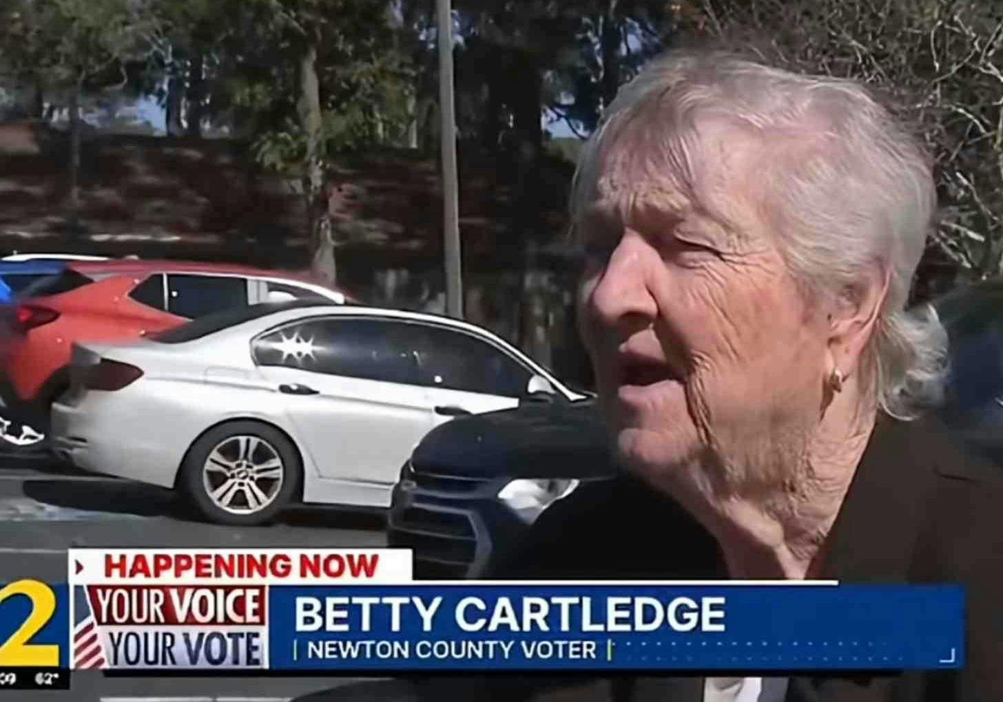 A screenshot of a local news broadcast with Betty Cartledge on screen and a graphic on the bottom with her name, the news channel logo, and "newton county voter"