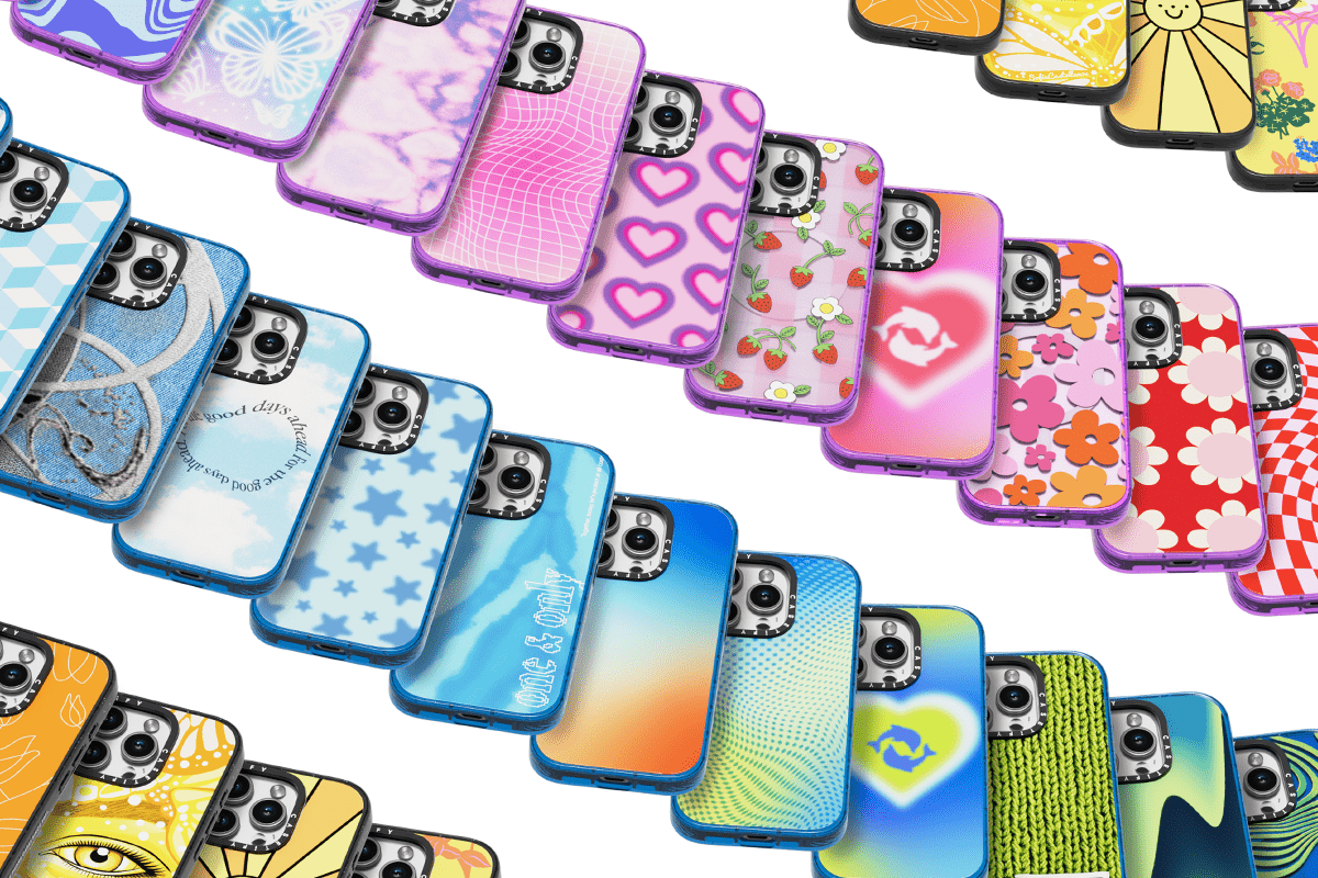 Four rows of colorful, patterned cases stacked slightly on top of each other
