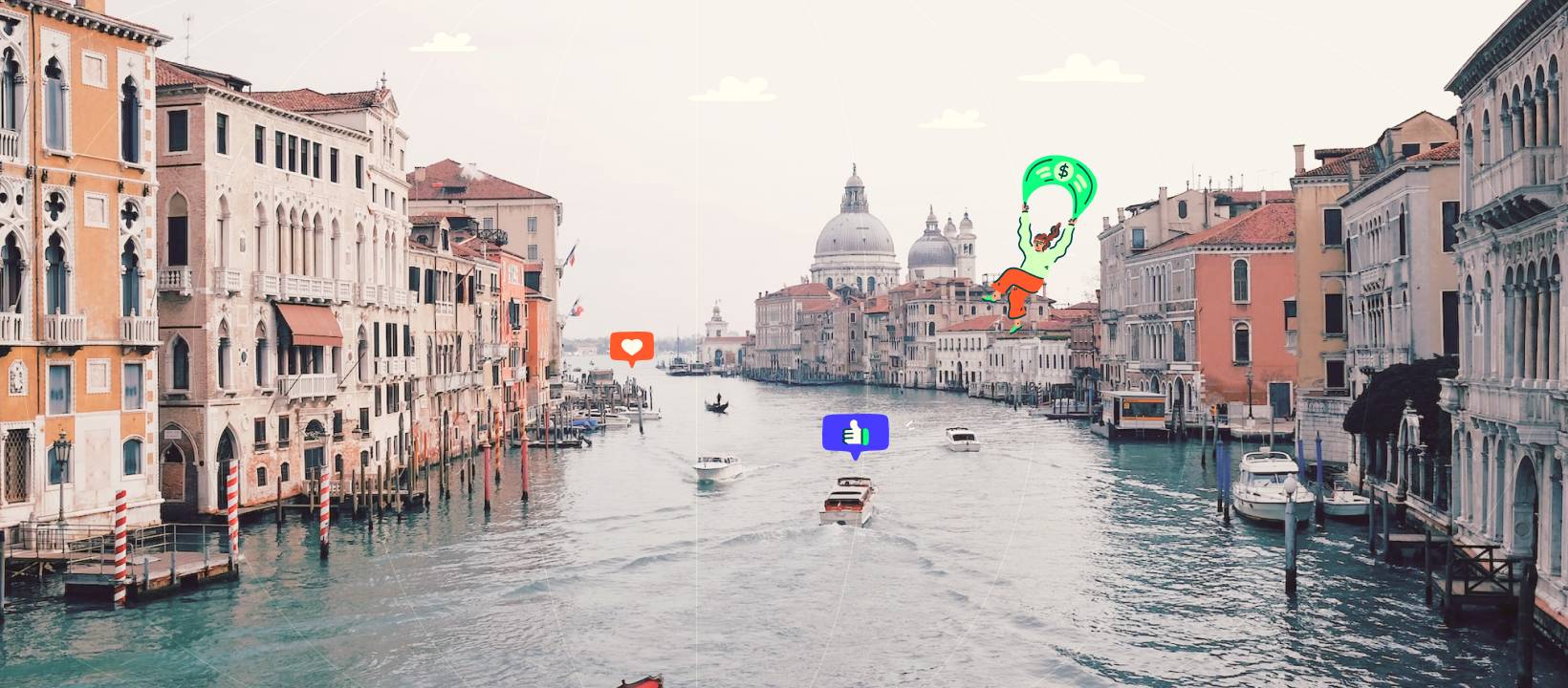 A canal with boats driving in it and buildings with docks along either side