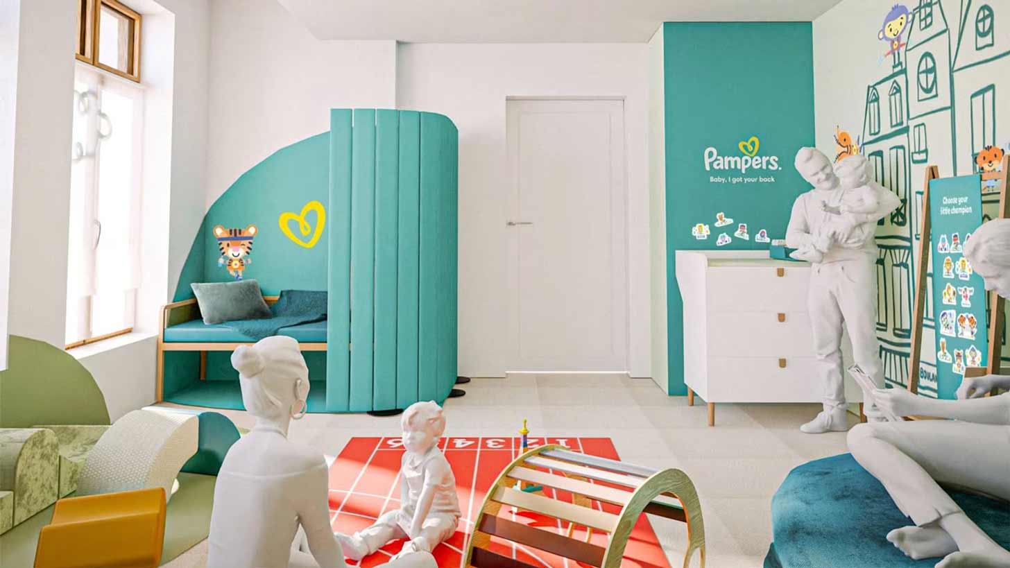 Interior of the new nursery in Olympic village with a play area, changing table, art on the walls, and more