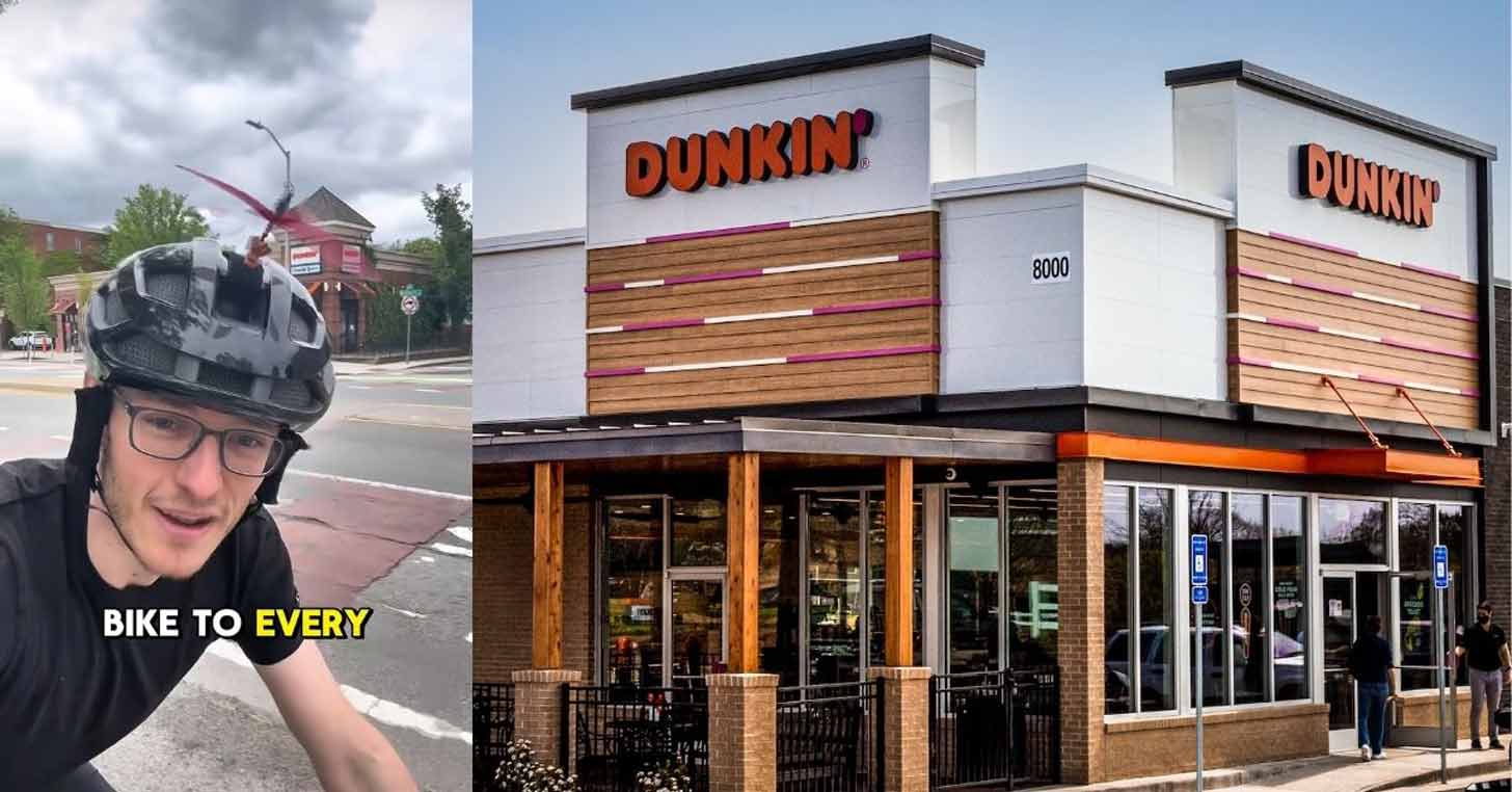 Screenshot of a person in a helmet on a bike and exterior of a Dunkin' location