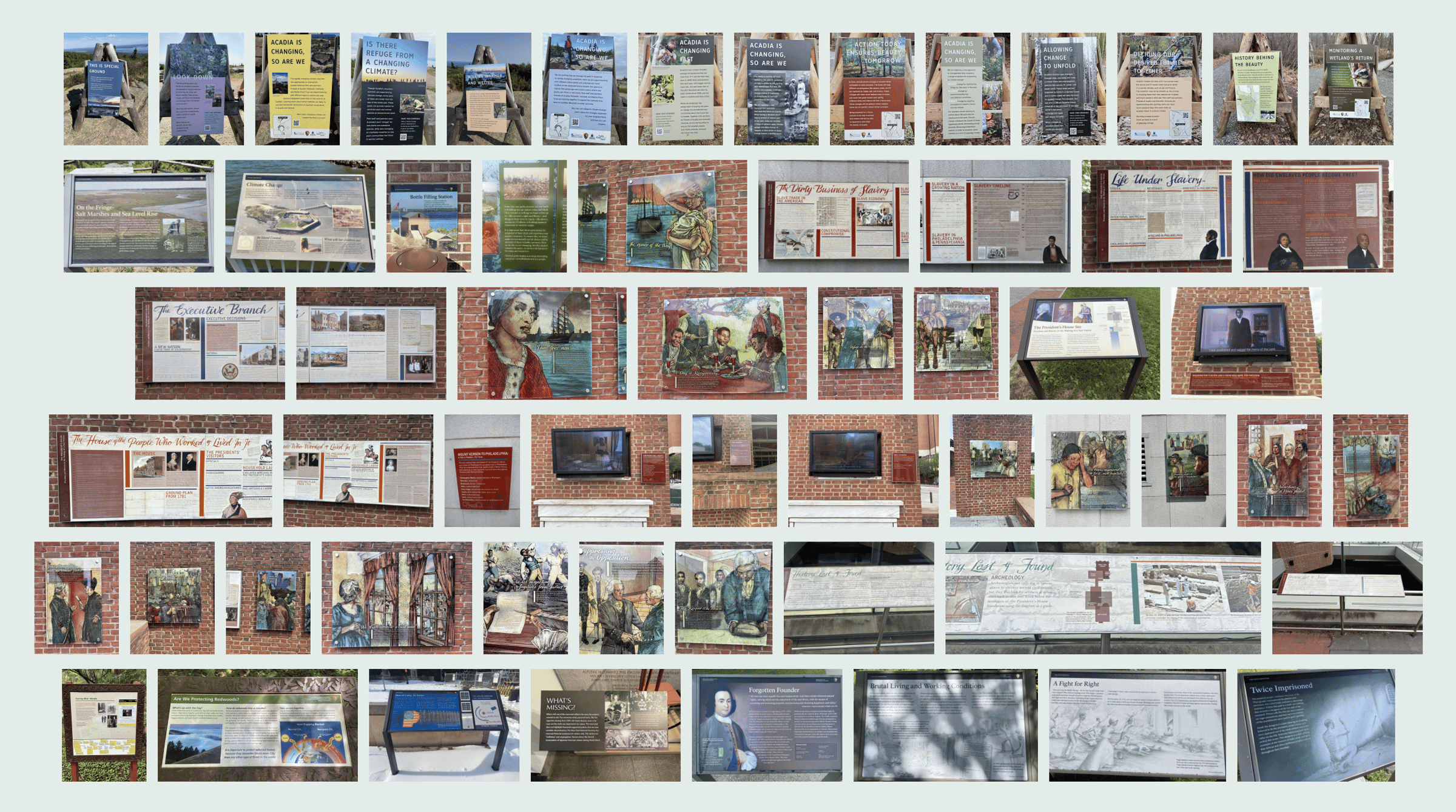 Collection of approximately 80 historical markers and interpretive plaques mounted outdoors on brick walls, wooden posts, and ground-level displays. Plaques feature text panels, historical photographs, maps, and painted murals depicting scenes from Americ