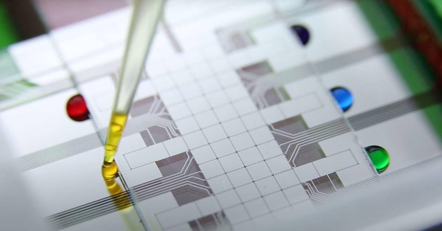 Close-up photo of a digital microfluidics process card that kind of looks like a computer chip with different-colored liquid dots on it