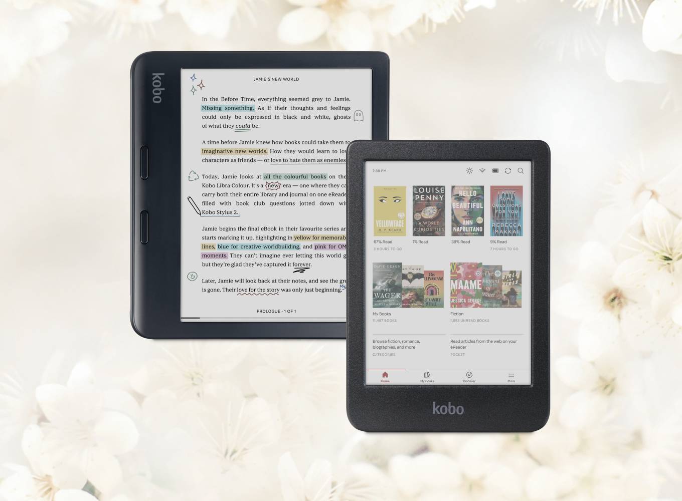 Kobo e-readers on a white floral background