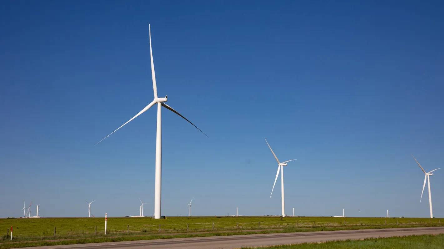 Wind turbines in a large field