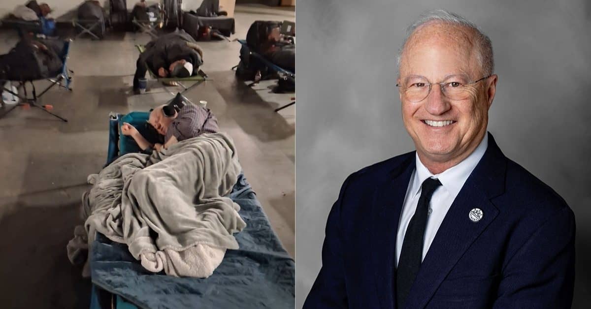 Split image of a man sleeping on a cot with a blanket over him, an official government photo of a man smiling