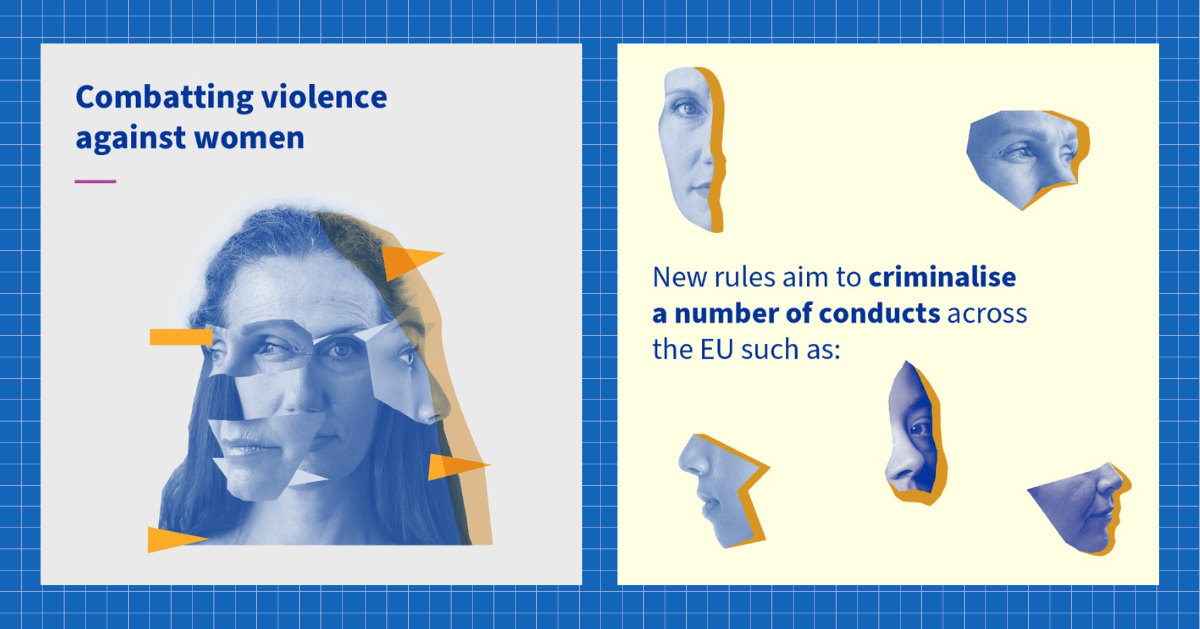 A blue gridded background with two images on them that read: "Combatting violence against women" and "New rules aim to criminalise a number of conducts across the EU such as:"