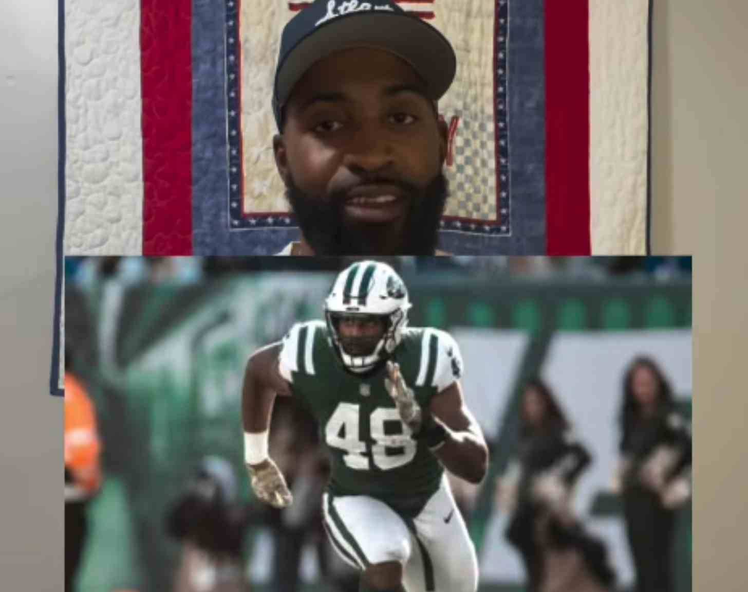 A screenshot of Jordan Jenkins talking to the camera with a photo of him playing for the Jets overlaid