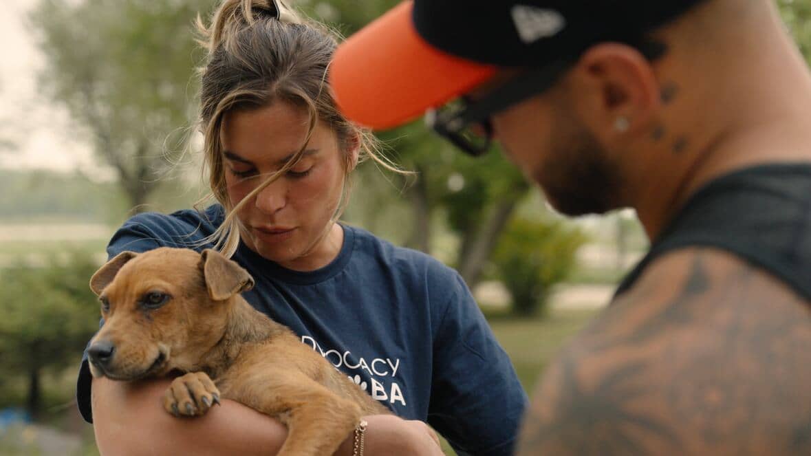A person cradling a tan dog in their arms