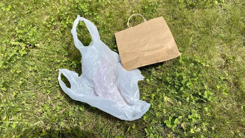 A brown paper and white plastic bag sitting on grass